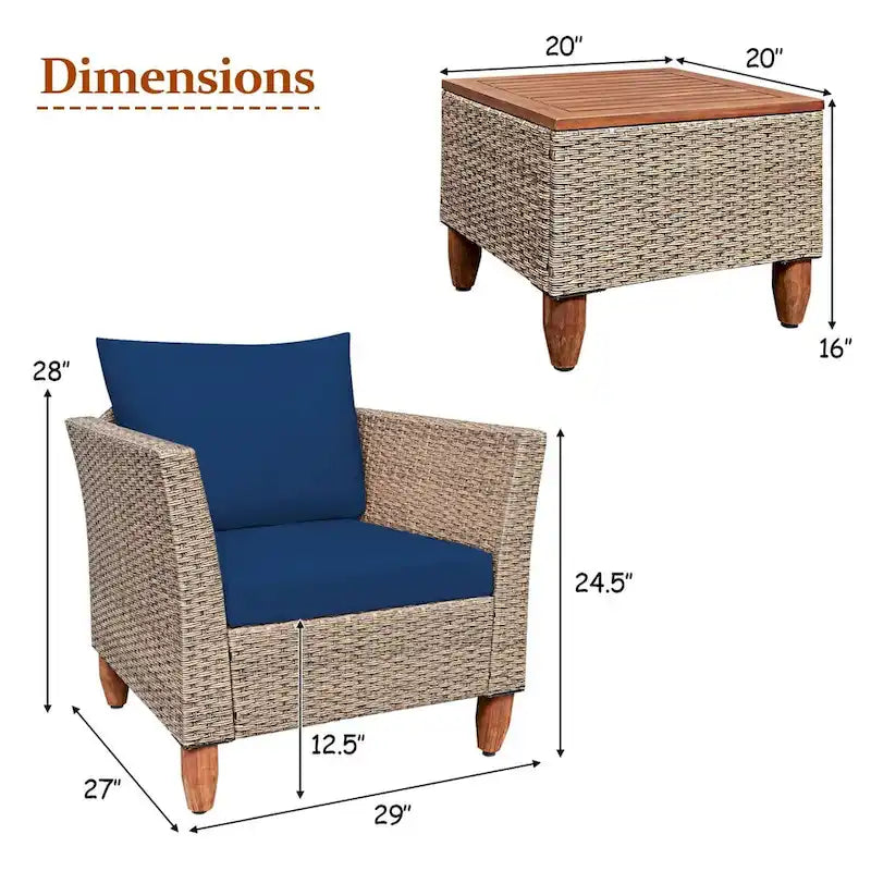 3 Pieces Patio Rattan Furniture Set with Washable Cushion for Yard Porch - 29 x 27 x 28(L x W x H)