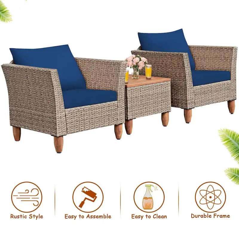 3 Pieces Patio Rattan Furniture Set with Washable Cushion for Yard Porch - 29 x 27 x 28(L x W x H)