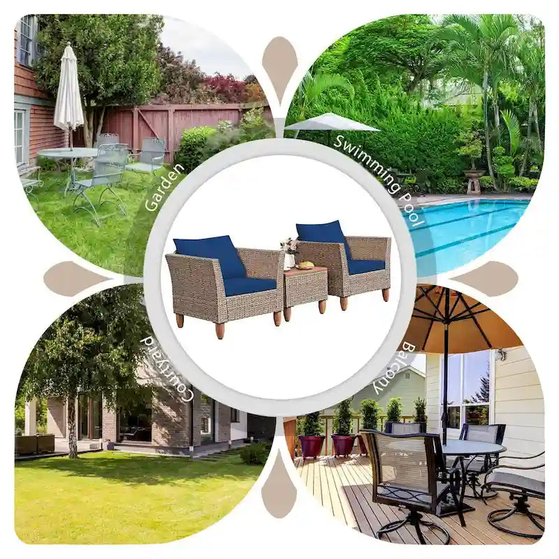 3 Pieces Patio Rattan Furniture Set with Washable Cushion for Yard Porch - 29 x 27 x 28(L x W x H)