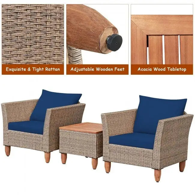 3 Pieces Patio Rattan Furniture Set with Washable Cushion for Yard Porch - 29 x 27 x 28(L x W x H)