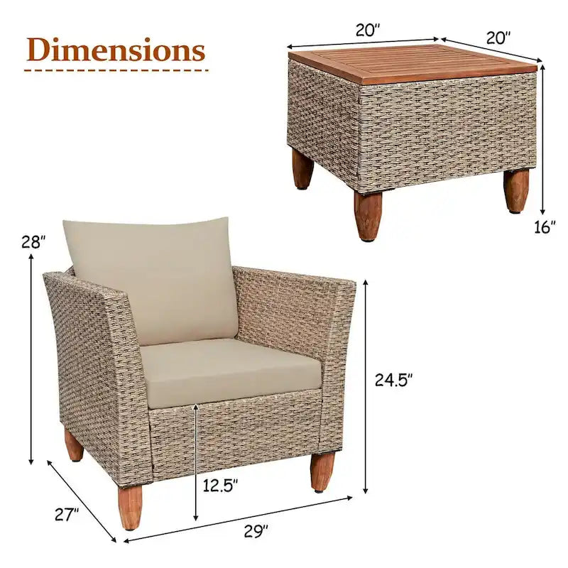 3 Pieces Patio Rattan Furniture Set with Washable Cushion for Yard Porch - 29 x 27 x 28(L x W x H)