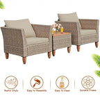 3 Pieces Patio Rattan Furniture Set with Washable Cushion for Yard Porch - 29 x 27 x 28(L x W x H)