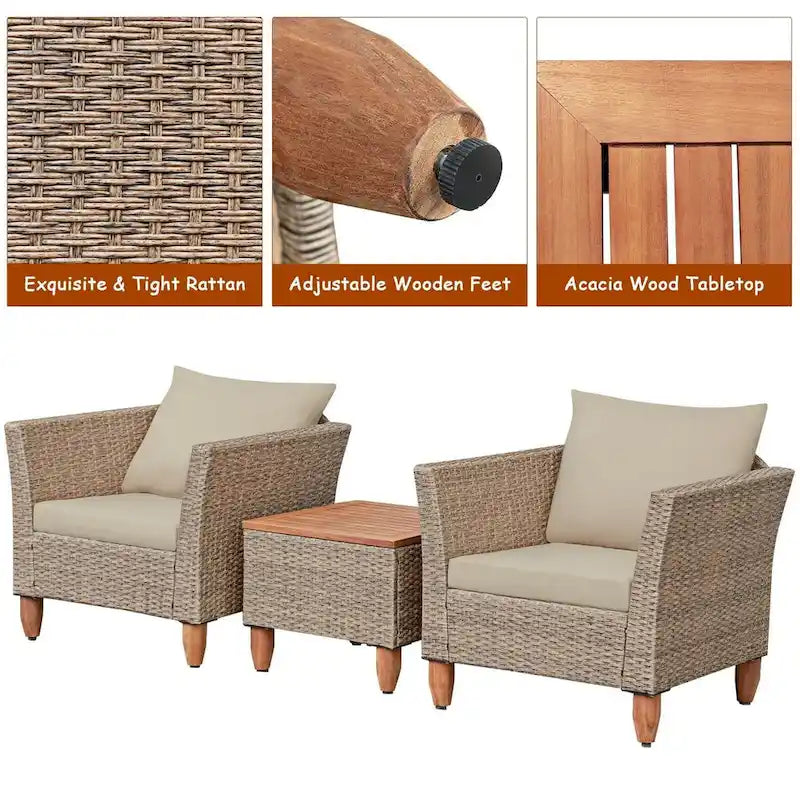 3 Pieces Patio Rattan Furniture Set with Washable Cushion for Yard Porch - 29 x 27 x 28(L x W x H)