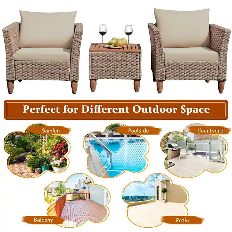 3 Pieces Patio Rattan Furniture Set with Washable Cushion for Yard Porch - 29 x 27 x 28(L x W x H)