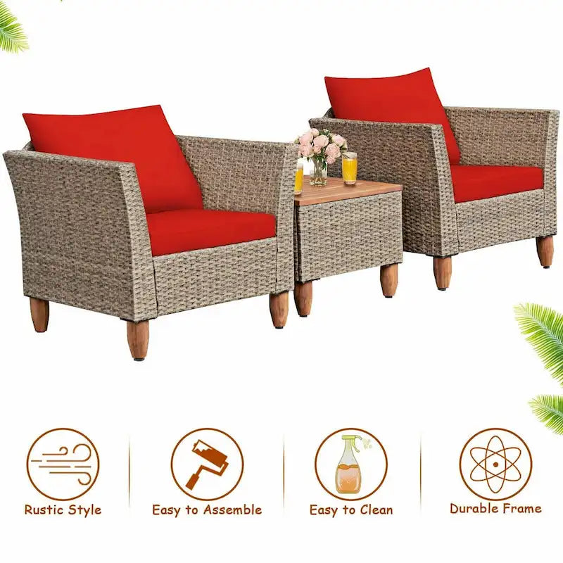 3 Pieces Patio Rattan Furniture Set with Washable Cushion for Yard Porch - 29 x 27 x 28(L x W x H)