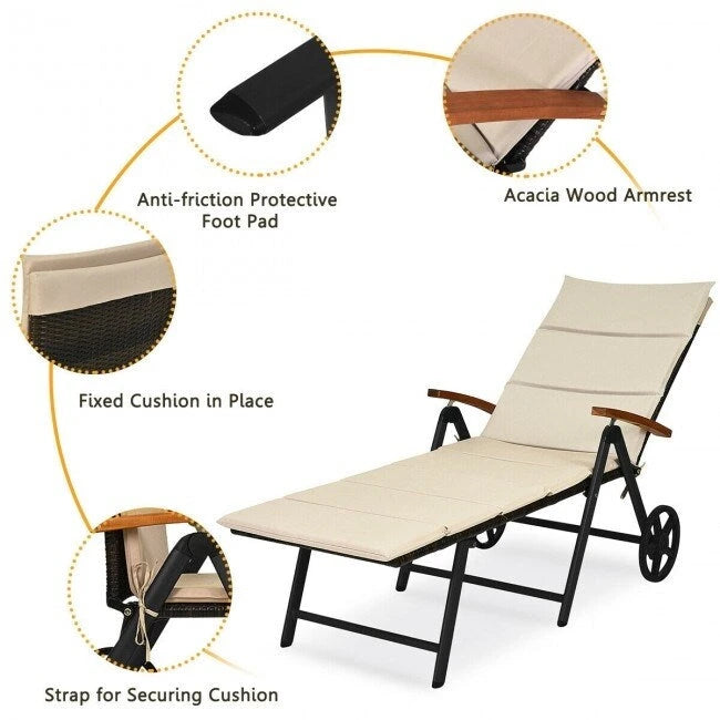 Premium Outdoor Rattan Chaise Lounge Recliner Chair for Relaxation - 56.5~ 73 x 27.5 x 29.5~44 (LX WX H)