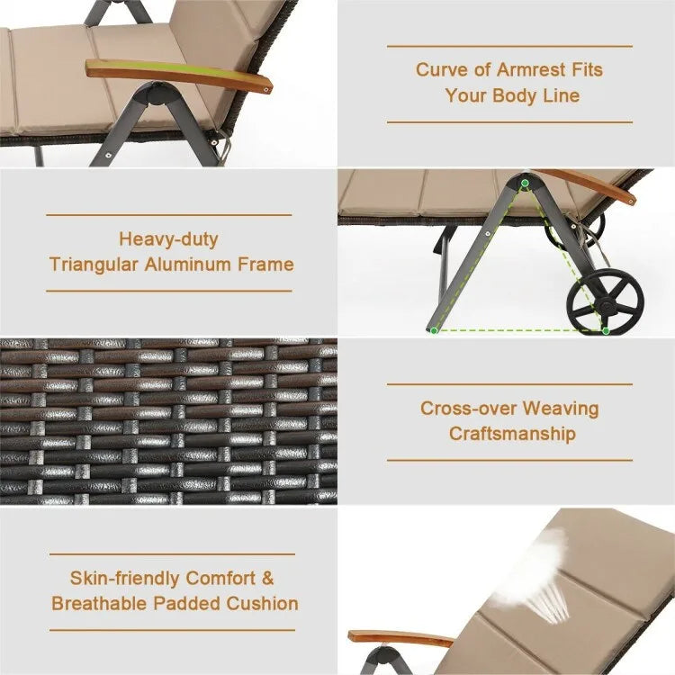 Premium Outdoor Rattan Chaise Lounge Recliner Chair for Relaxation - 56.5~ 73 x 27.5 x 29.5~44 (LX WX H)