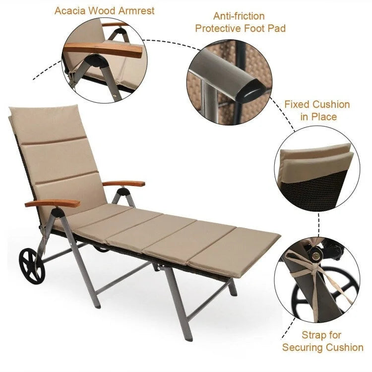 Premium Outdoor Rattan Chaise Lounge Recliner Chair for Relaxation - 56.5~ 73 x 27.5 x 29.5~44 (LX WX H)