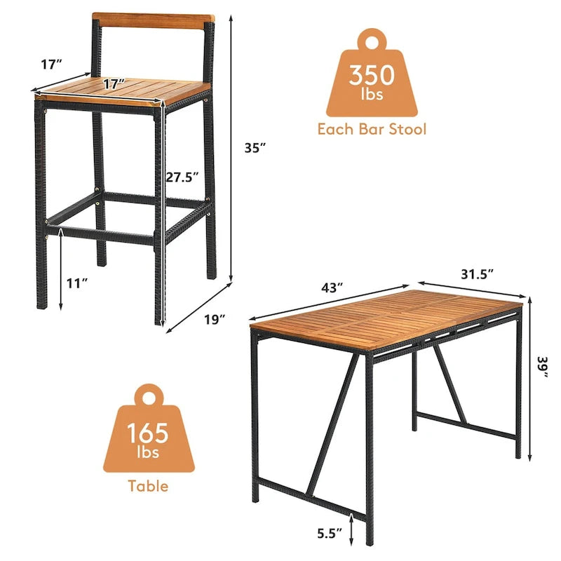 Costway 5PCS Patio Rattan Bar Table Stool Set Acacia Wood Top - See Details