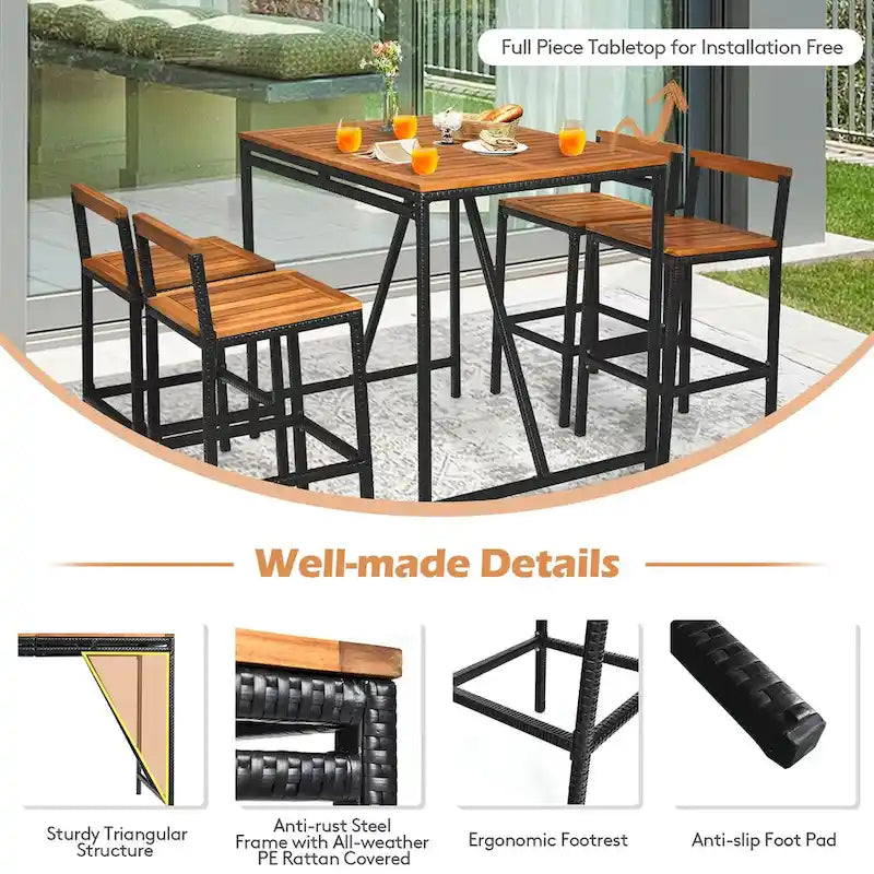 Costway 5PCS Patio Rattan Bar Table Stool Set Acacia Wood Top - See Details