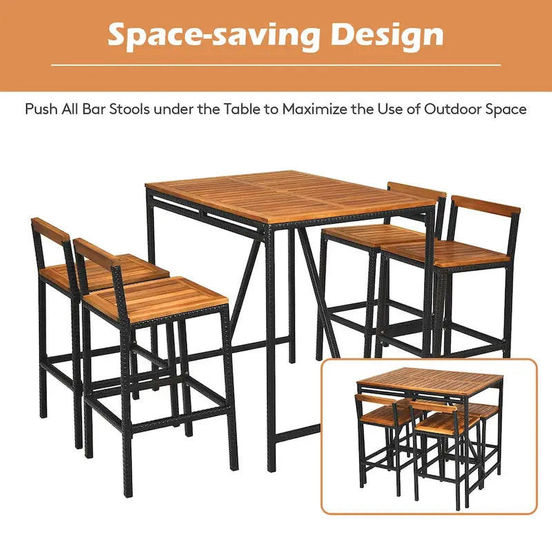 Costway 5PCS Patio Rattan Bar Table Stool Set Acacia Wood Top - See Details