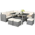 7 Pcs All-Weather Patio Rattan Dining Furniture Sectional Sofa Set with Wicker Ottoman and Cushed Couch
