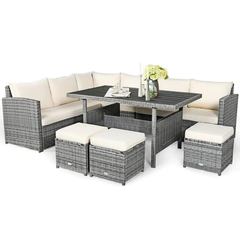 7 Pcs All-Weather Patio Rattan Dining Furniture Sectional Sofa Set with Wicker Ottoman and Cushed Couch