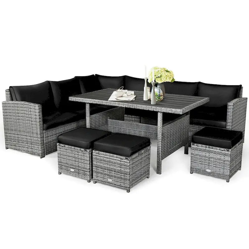 7 Pcs All-Weather Patio Rattan Dining Furniture Sectional Sofa Set with Wicker Ottoman and Cushed Couch