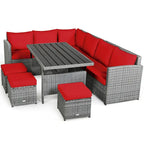 7 Pcs All-Weather Patio Rattan Dining Furniture Sectional Sofa Set with Wicker Ottoman and Cushed Couch