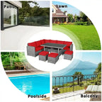 7 Pcs All-Weather Patio Rattan Dining Furniture Sectional Sofa Set with Wicker Ottoman and Cushed Couch