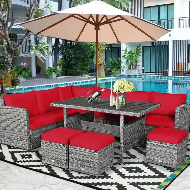 7 Pcs All-Weather Patio Rattan Dining Furniture Sectional Sofa Set with Wicker Ottoman and Cushed Couch