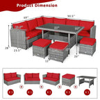 7 Pcs All-Weather Patio Rattan Dining Furniture Sectional Sofa Set with Wicker Ottoman and Cushed Couch