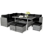 7 Pcs All-Weather Patio Rattan Dining Furniture Sectional Sofa Set with Wicker Ottoman and Cushed Couch