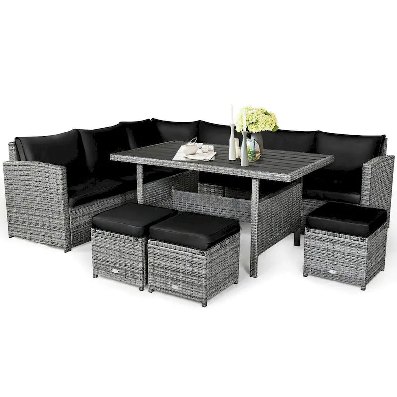 7 Pcs All-Weather Patio Rattan Dining Furniture Sectional Sofa Set with Wicker Ottoman and Cushed Couch
