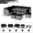 7 Pcs All-Weather Patio Rattan Dining Furniture Sectional Sofa Set with Wicker Ottoman and Cushed Couch
