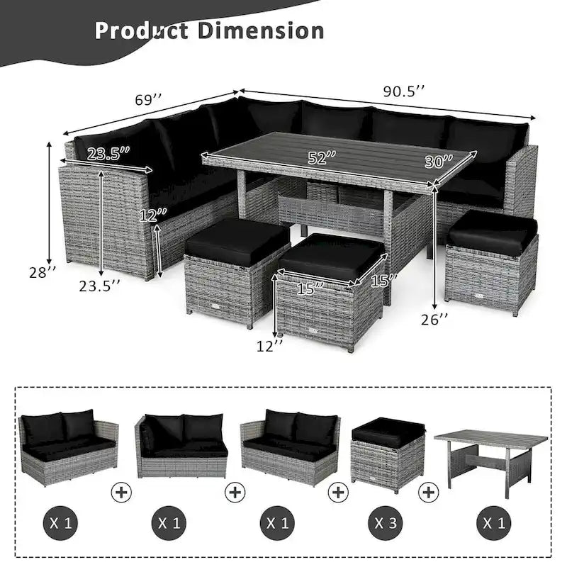 7 Pcs All-Weather Patio Rattan Dining Furniture Sectional Sofa Set with Wicker Ottoman and Cushed Couch