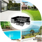 7 Pcs All-Weather Patio Rattan Dining Furniture Sectional Sofa Set with Wicker Ottoman and Cushed Couch