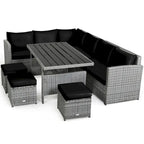 7 Pcs All-Weather Patio Rattan Dining Furniture Sectional Sofa Set with Wicker Ottoman and Cushed Couch