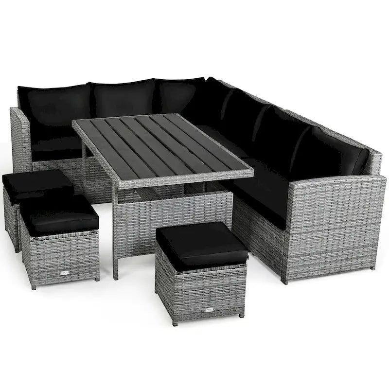 7 Pcs All-Weather Patio Rattan Dining Furniture Sectional Sofa Set with Wicker Ottoman and Cushed Couch