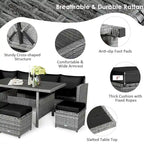 7 Pcs All-Weather Patio Rattan Dining Furniture Sectional Sofa Set with Wicker Ottoman and Cushed Couch