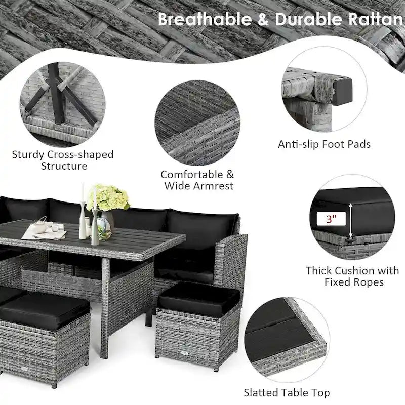 7 Pcs All-Weather Patio Rattan Dining Furniture Sectional Sofa Set with Wicker Ottoman and Cushed Couch