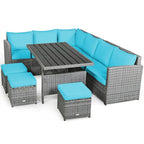 7 Pcs All-Weather Patio Rattan Dining Furniture Sectional Sofa Set with Wicker Ottoman and Cushed Couch