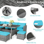 7 Pcs All-Weather Patio Rattan Dining Furniture Sectional Sofa Set with Wicker Ottoman and Cushed Couch