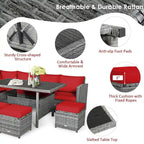 7 Pcs All-Weather Patio Rattan Dining Furniture Sectional Sofa Set with Wicker Ottoman and Cushed Couch