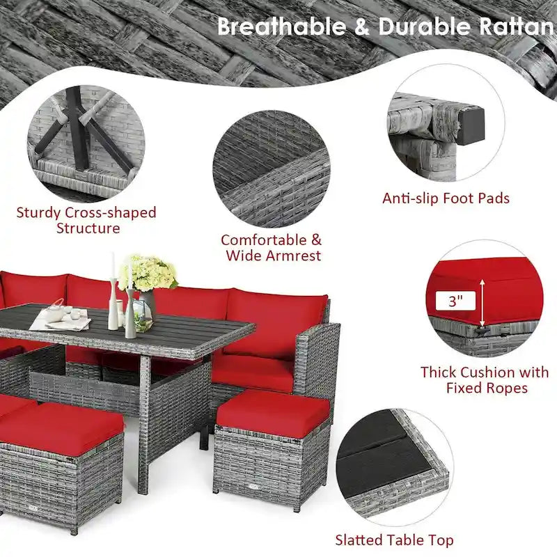 7 Pcs All-Weather Patio Rattan Dining Furniture Sectional Sofa Set with Wicker Ottoman and Cushed Couch
