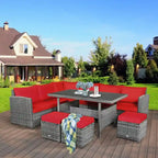 7 Pcs All-Weather Patio Rattan Dining Furniture Sectional Sofa Set with Wicker Ottoman and Cushed Couch