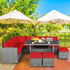 7 Pcs All-Weather Patio Rattan Dining Furniture Sectional Sofa Set with Wicker Ottoman and Cushed Couch