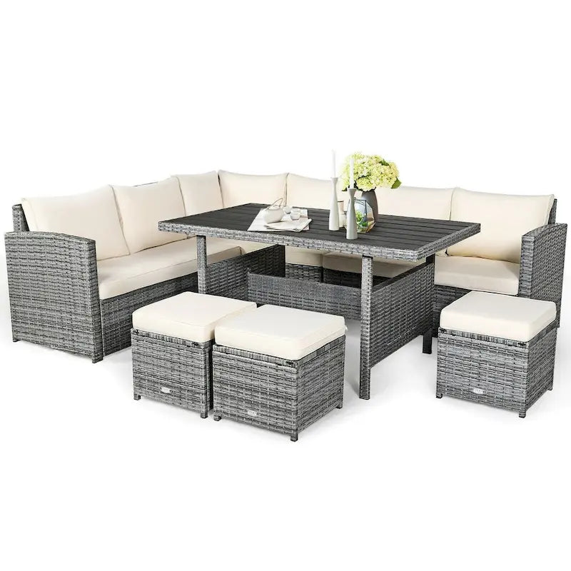 7 Pcs All-Weather Patio Rattan Dining Furniture Sectional Sofa Set with Wicker Ottoman and Cushed Couch