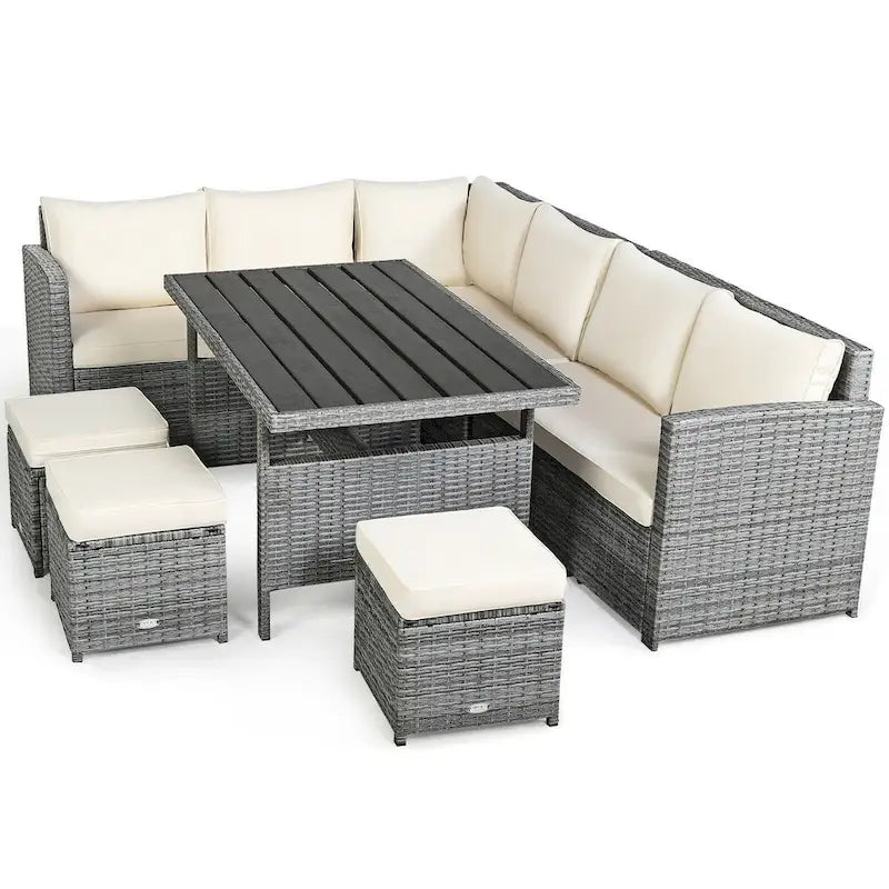 7 Pcs All-Weather Patio Rattan Dining Furniture Sectional Sofa Set with Wicker Ottoman and Cushed Couch