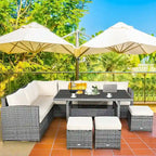 7 Pcs All-Weather Patio Rattan Dining Furniture Sectional Sofa Set with Wicker Ottoman and Cushed Couch