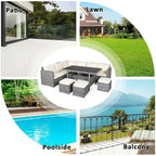 7 Pcs All-Weather Patio Rattan Dining Furniture Sectional Sofa Set with Wicker Ottoman and Cushed Couch