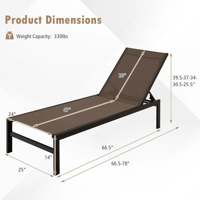 6-Position Chaise Lounge Chairs with Rustproof Aluminium Frame - 60.5-78 x 25 x 39.5-25.5 (L x W x H)