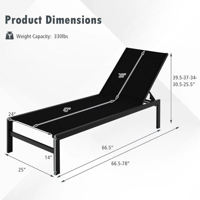 6-Position Chaise Lounge Chairs with Rustproof Aluminium Frame - 60.5-78 x 25 x 39.5-25.5 (L x W x H)