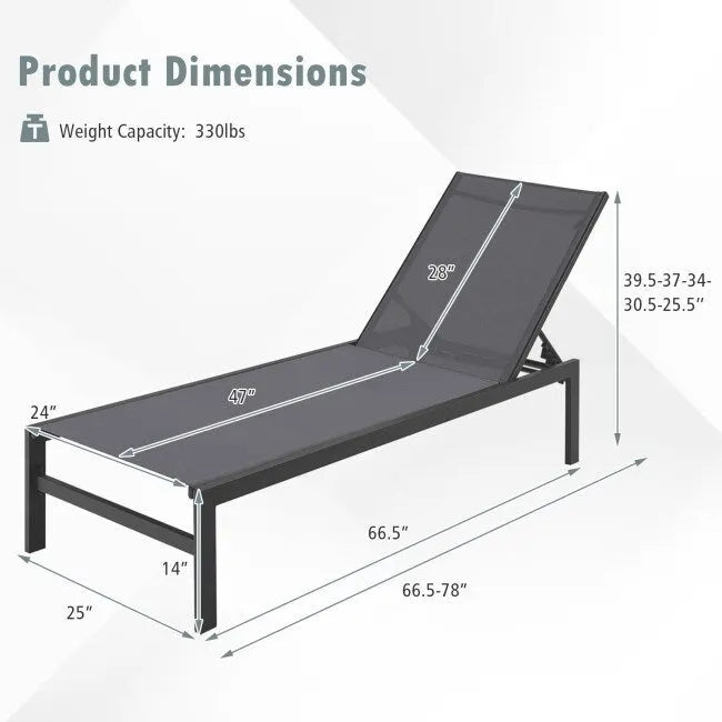 6-Position Chaise Lounge Chairs with Rustproof Aluminium Frame - 60.5-78 x 25 x 39.5-25.5 (L x W x H)