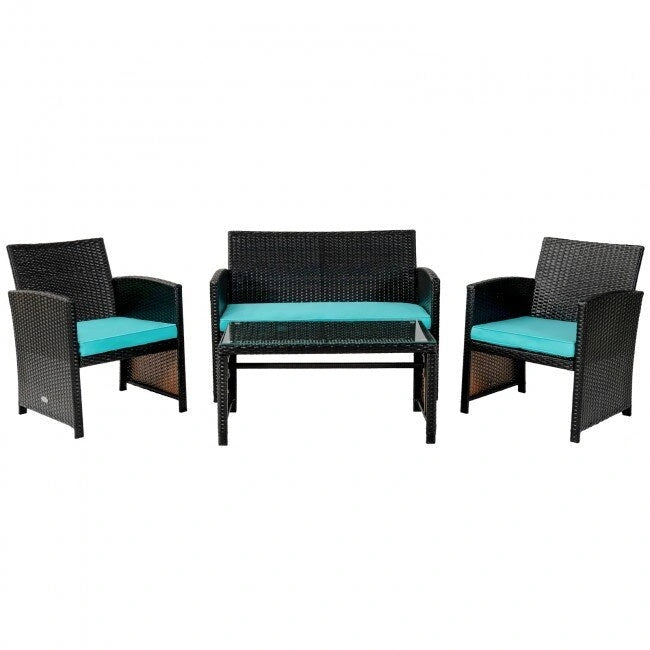 4Pcs Patio Rattan Cushioned Furniture Set - 43.5 x 25 x 31 (L x W x H)