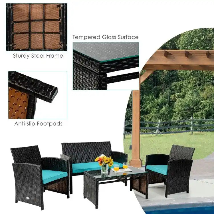 4Pcs Patio Rattan Cushioned Furniture Set - 43.5 x 25 x 31 (L x W x H)