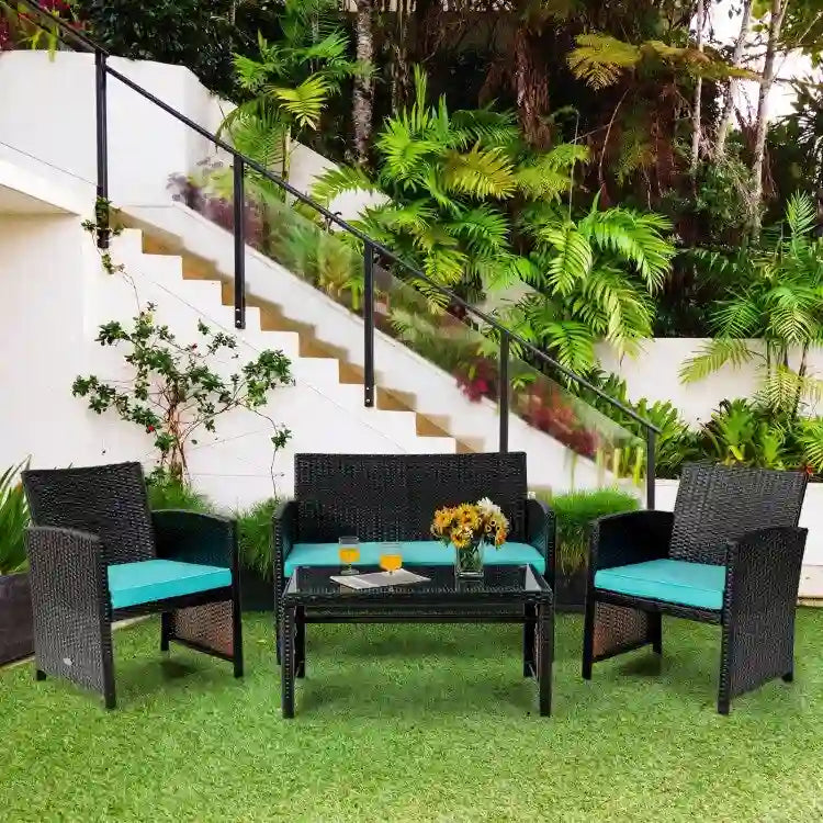4Pcs Patio Rattan Cushioned Furniture Set - 43.5 x 25 x 31 (L x W x H)