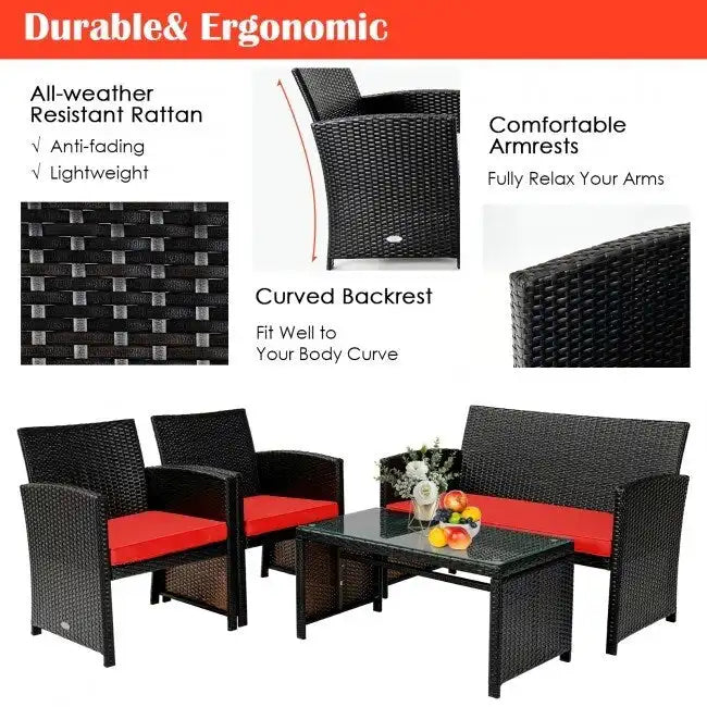 4Pcs Patio Rattan Cushioned Furniture Set - 43.5 x 25 x 31 (L x W x H)