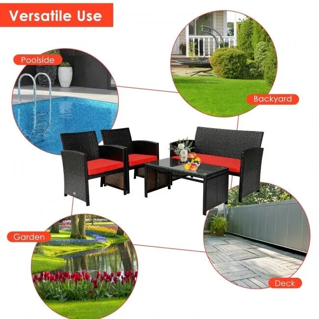 4Pcs Patio Rattan Cushioned Furniture Set - 43.5 x 25 x 31 (L x W x H)