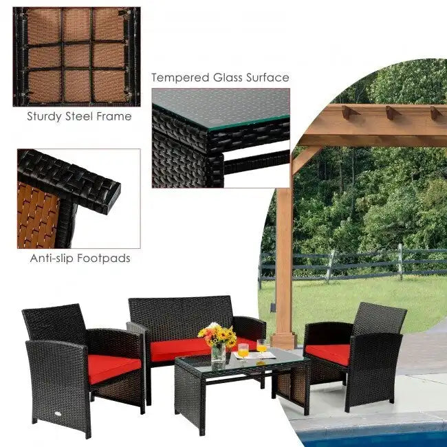 4Pcs Patio Rattan Cushioned Furniture Set - 43.5 x 25 x 31 (L x W x H)